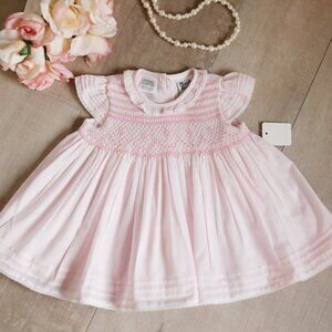 Pink Smocked Dress NWOT Pintucks Cotton Crocheted Lace Sarah Louise 0-3 Month